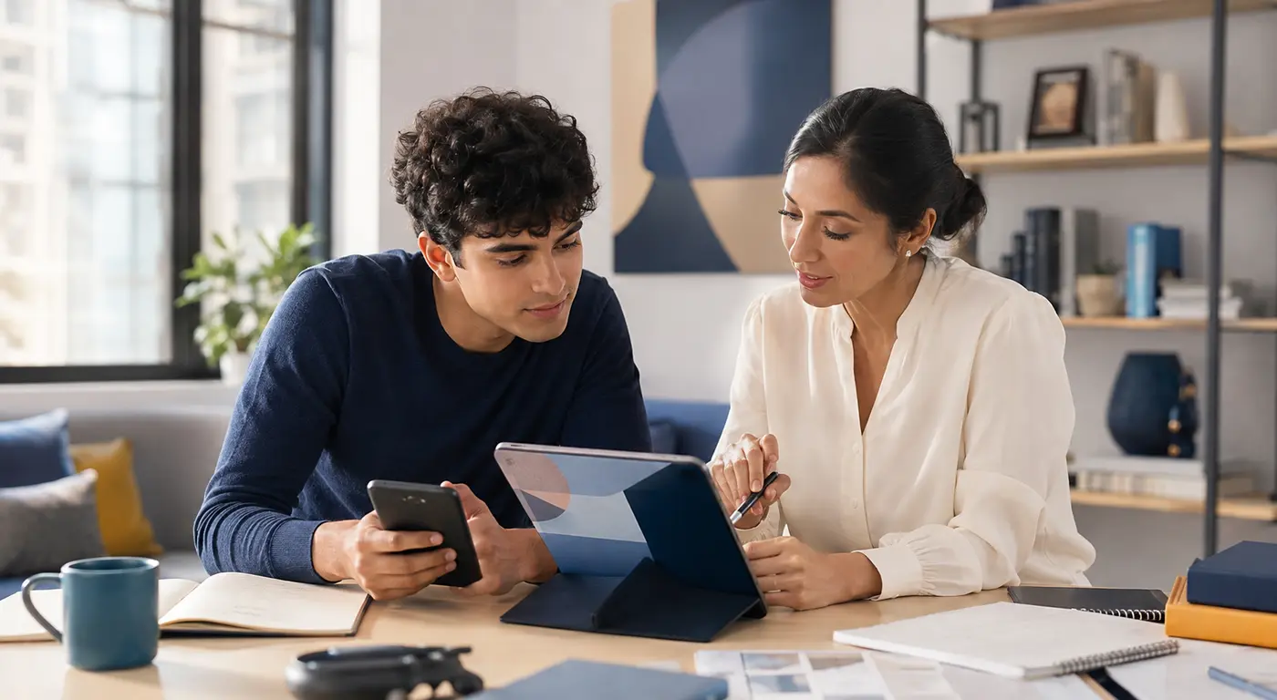 Tablet ve telefon üzerinden randevu planını değerlendiren danışman ile kullanıcı